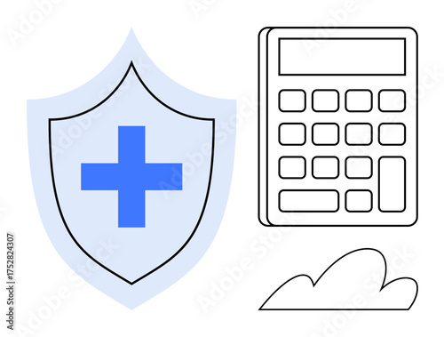 Shield with a health cross symbol next to a calculator and a cloud. Ideal for healthcare, medical security, insurance, financial planning, digital tools, cloud services, and simple flat metaphor