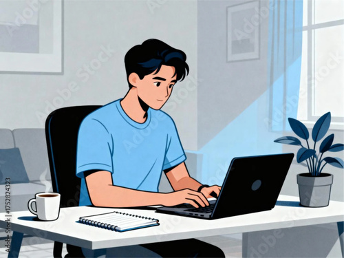 A man working on a laptop in a modern living room with a cup of coffee nearby