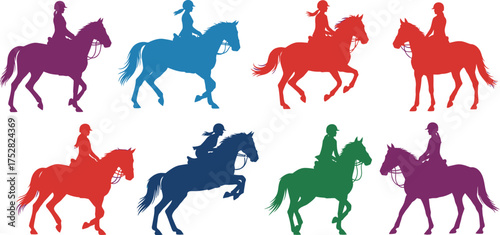 Colorful silhouettes of riders on horses in various poses, showcasing equestrian activity.