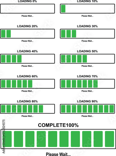 Set of 11 loading progress bars with 0–100% indicators, black and green percentage loading infographic icons collection vector illustration on white background