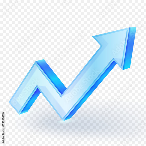3D glass arrow pointing upward, symbolizing growth, progress, success and positive trend. Perfect for business, finance and data visualization design. vector illustration.