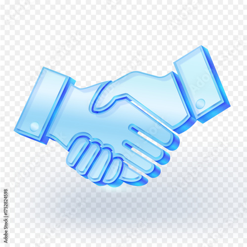 3D blue glass handshake icon symbolizing partnership, agreement, teamwork, trust, and cooperation on transparent background. Perfect for business and corporate design concepts. Vector illustration.
