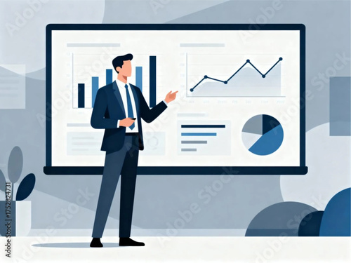 Business presentation with charts and graphs on screen by a man in suit