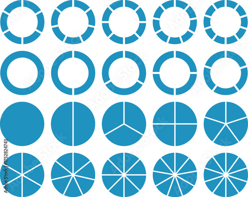 Set of 20 blue infographic circle icons, round diagrams divided into segments from 1 to 10 parts, data chart and analysis vector illustration on white background