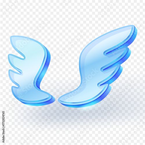 3D blue glass wings icon with light reflections and transparent background, symbolizing freedom, fantasy, and creativity. Perfect for app design or logo concepts. Vector illustration.