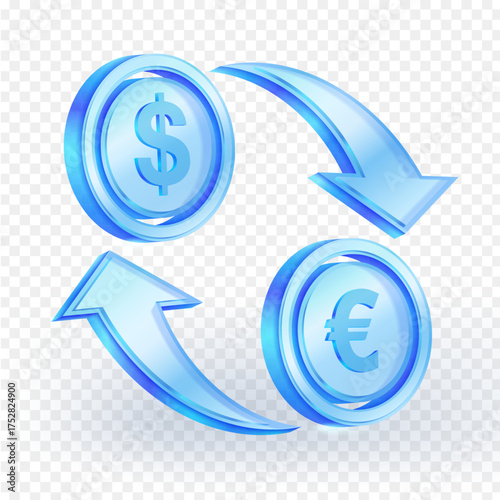 3D glass blue icon showing dollar and euro coins with circular arrows, symbolizing currency exchange, forex trading, international finance and money transfer. Vector illustration.