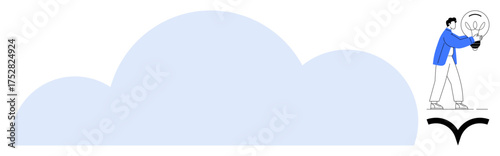 Individual holding a glowing lightbulb while standing on a narrow edge next to a large cloud shape. Ideal for innovation, creativity, risk-taking, cloud computing, problem-solving, ambition