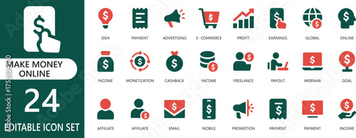 A professional vector icon set representing money-making, finance, and business growth concepts. Perfect for apps, websites, presentations, and stock platforms needing clear financial visuals.