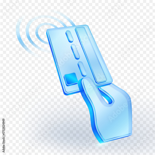 Contactless payment 3d iconBlue glass 3D vector illustration of a hand holding a credit card with wireless signal, symbolizing NFC, contactless payment, mobile banking and digital transactions.