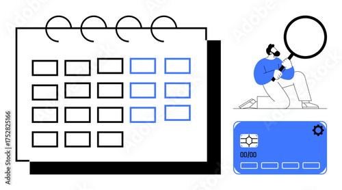 Calendar with highlighted tasks, a person examining data with a magnifier, and a credit card illustration. Ideal for scheduling, budgeting, analysis, organization, planning, finance and time