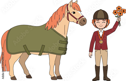 Young equestrian celebrates victory with a winning horse and bouquet