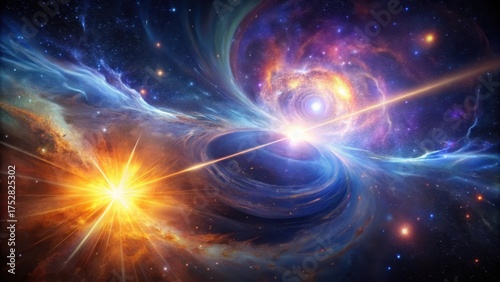 Cosmic Collision A Stellar Explosion Illuminates a Celestial Vortex of Glowing Nebulae and Radiant Energy Beams