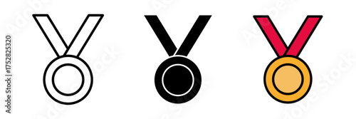 Sport medal icon achievement metallic winning sign icon flat stroke, filled and colored concept for web design.