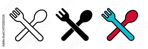 Spoon and fork icon isolated on white background with stroke, filled and colored concept for web design.