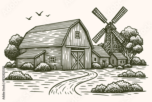 Farm barn and windmill rural scene vintage engraving vector