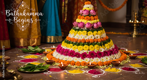 Bathukamma festival celebration with colorful flower arrangement in India.