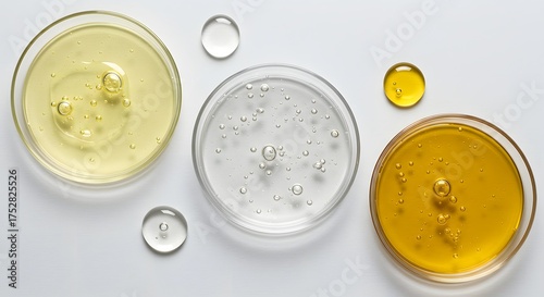 Various Liquids and Oils in Petri Dishes for Scientific Analysis