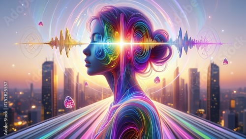 A glowing human silhouette with a dazzling synesthetic head burst radiates colors and energy against a modern city backdrop.