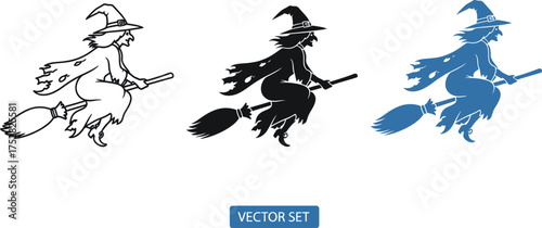 Whimsical witch on broomstick flying with magical flair in three distinct styles