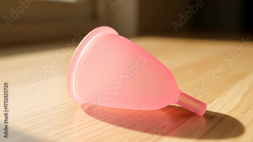 A close-up of a pink menstrual cup resting on a wooden surface, illuminated by sunlight.
