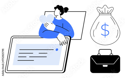 Woman holding a heart beside a tablet, money bag with dollar sign, and briefcase. Ideal for themes thumbs up finance, career balance, compassion, charity, budgeting, work-life harmony personal