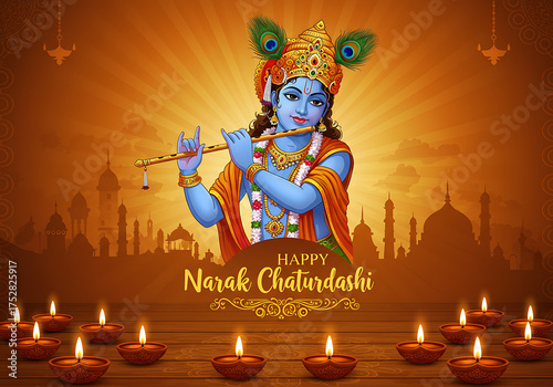 Happy Narak Chaturdashi with Lord Krishna and cityscape.