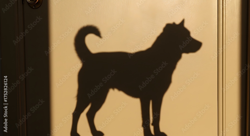 Fototapeta premium A dog's silhouette cast by light on a door. The shadow's form is detailed and clear