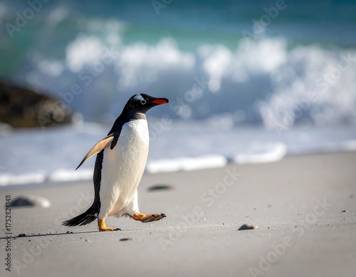 A penguin strides across a sandy beach with ocean waves crashing in the background