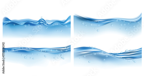 Realistic Blue Water Wave with Bubbles Set Isolated on Transparent Background