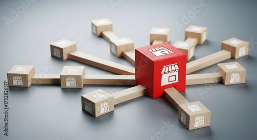 Business franchise expansion concept with connected wooden blocks and shop icons