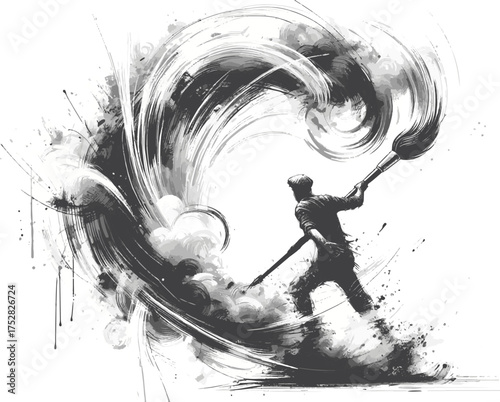 Dynamic black-and-white illustration of an artist wielding a large brush, creating a powerful ink swirl. Expressive, energetic, and artistic, it captures creativity.