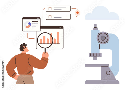 Person analyzing charts using magnifying glass, exploring growth and insights. Microscope for scientific study included. Ideal for analytics, research, education, science, innovation, investigation