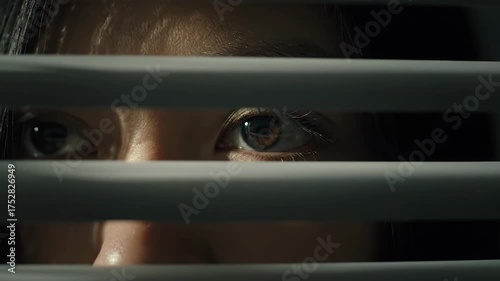 peeping tom, Close-up of a person's eyes peering through window blinds, observing.