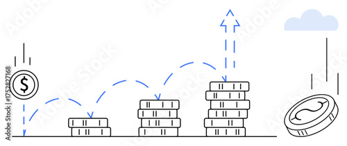 Gradually increasing coin stacks, bouncing coins, upward arrows, cloud. Ideal for finance, savings, investment, growth business revenue strategy. Clean simple flat metaphor