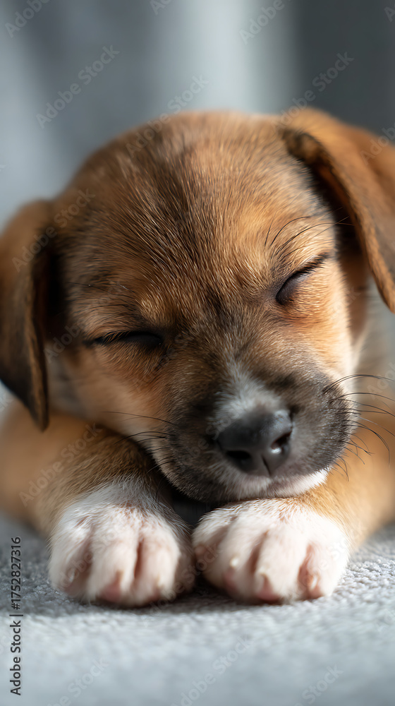 Obraz premium Adorable Brown Puppy Sleeping Peacefully with Closed Eyes and Soft Lighting