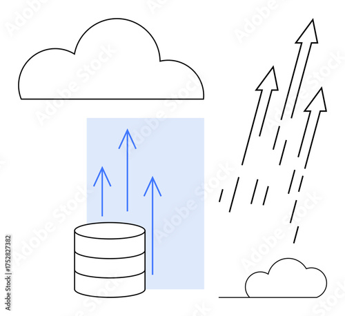Cloud and database storage transfer with upward arrows, symbolizing data migration, growth, scalability. Ideal for cloud computing, networking, technology, innovation, progress development simple