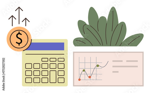 Calculator beside dollar icon with upward arrows, chart showing positive trends, and leafy plant. Ideal for finance, investment, analytics, growth strategy, budgeting, eco-business success planning