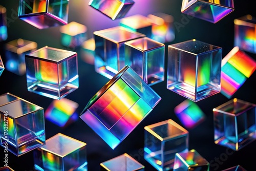 Vibrant iridescent cubes floating in a dark space, showcasing a spectrum of colors and dynamic movement