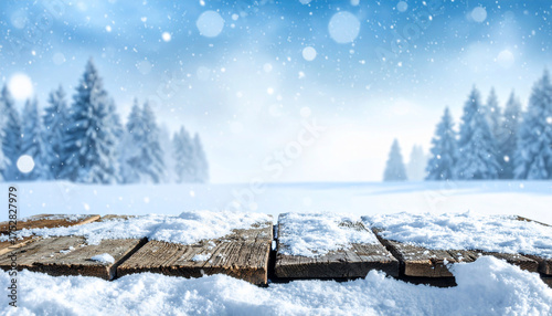 Winter Landscape with Wooden Table