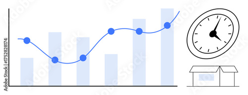 Bar chart with line graph tracking growth, analog clock representing time, and small store icon. Ideal for business strategy, sales analysis, report, time management, startups, progress simple flat