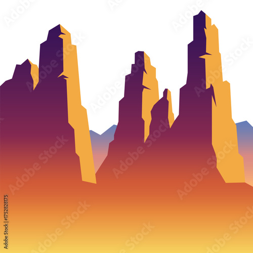 Grand canyon desert canyon landscape with rock formation, peak, and mountain at sunset. Abstract art for travel and adventurism.