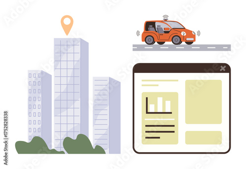 Autonomous car cruising near skyscrapers with GPS location pin and data analytics dashboard. Ideal for smart city, automation, transportation, urban planning, navigation, IoT, progress. Simple flat