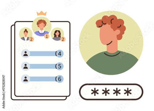 User leaderboard with profile icons and ranking system alongside a secure password input field. Ideal for productivity, competition, user roles, security, digital platforms, privacy, and gamification
