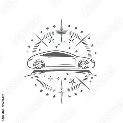 Stylized Car Silhouette with Starburst and Stars Design.