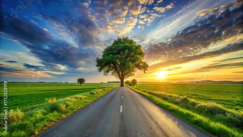 Asphalt Road Leading to a Majestic Tree at Sunset Over Lush Green Fields
