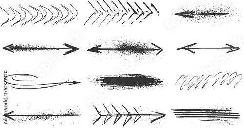 Collection of hand drawn ink brush stroke arrows and abstract shapes on a white background