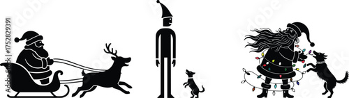 Santa Claus, elf, and festive woman with dog illustration set, Christmas silhouette scenes, black vector art, holiday celebration concept, seasonal character design