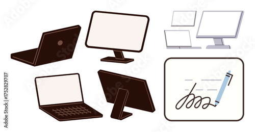 Laptops, monitors, and a stylized signature with a pen representing technology, digital communication, and virtual documentation. Ideal for tech, business, digital workflow, e-signature innovation