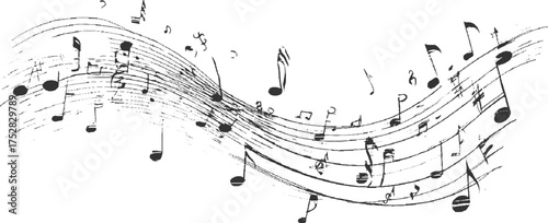 Black musical notes and staff lines are depicted in a flowing artistic style on a white background.