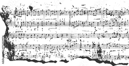 Torn sheet music with black musical notation on a white background showing damage and age.
